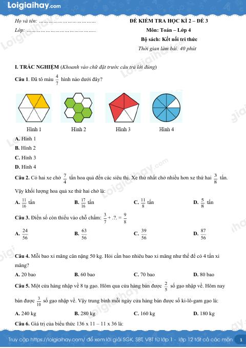 Đề kiểm tra học kì 2 Toán 4 Kết nối tri thức - Đề số 3